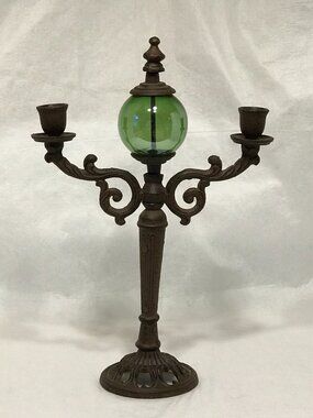 Cast Iron Double Candle Holder with Green Glass Globe